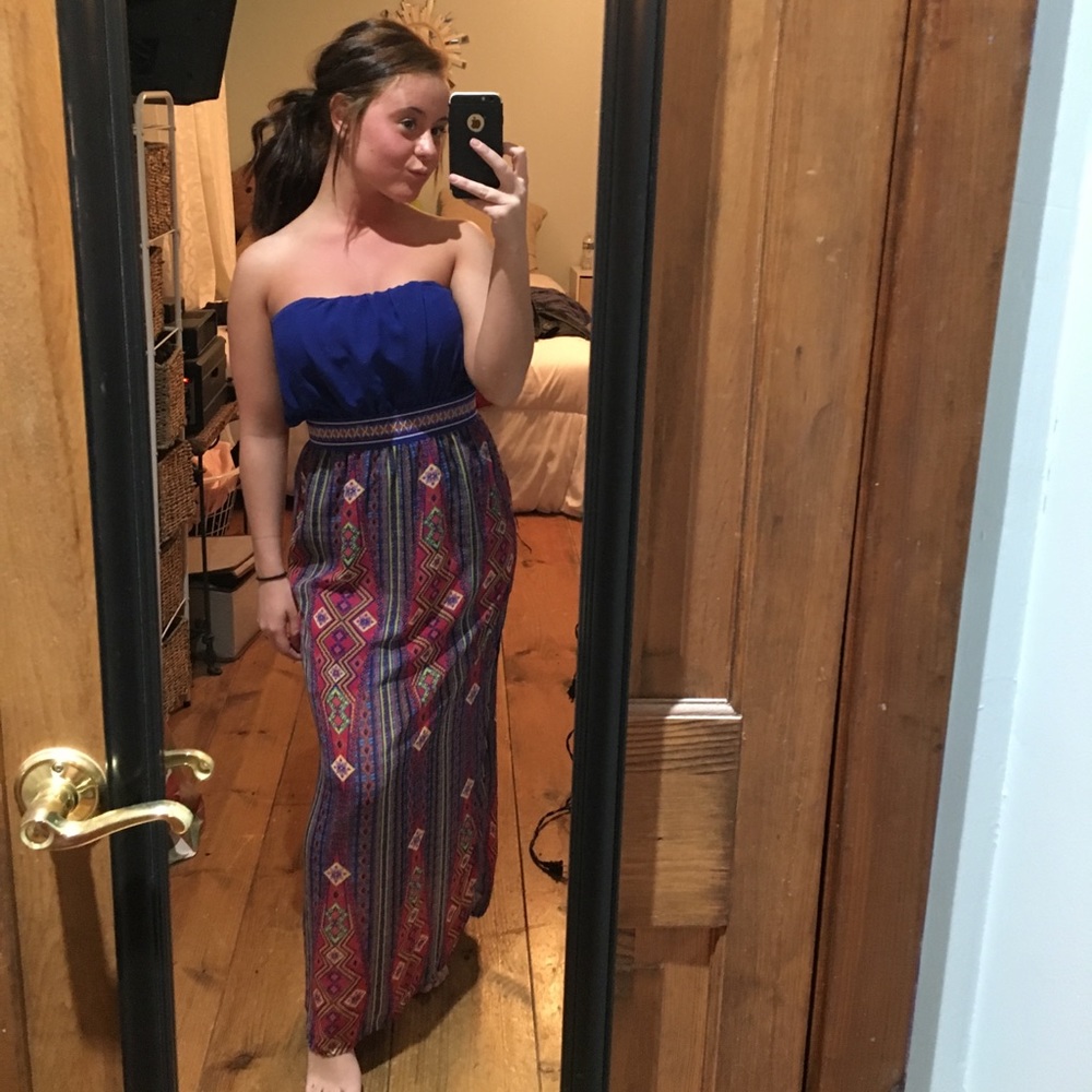 Pink Rose - Long Blue Patterned Dress (Size S)